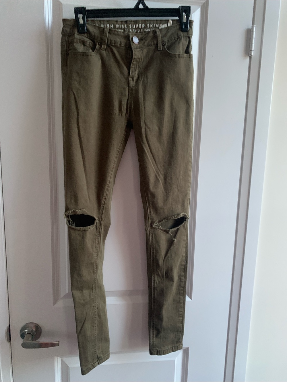 High-Rise Olive Green Skinny Jeans with Knee Rips